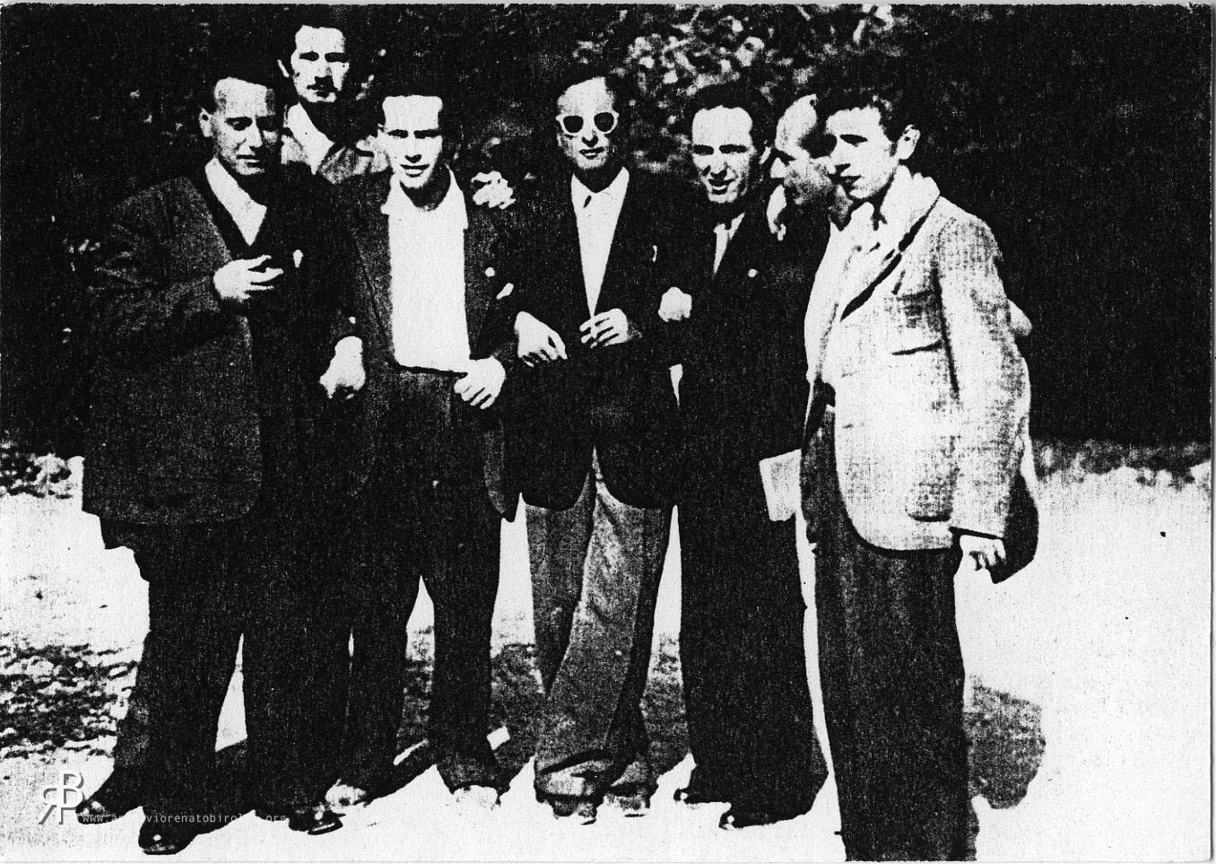 Birolli con gli amici di Corrente al IV Premio Bergamo, 1942. Da sinistra Birolli, Vedova, Guttuso, Morosini, Valsecchi, Migneco, Peverelli